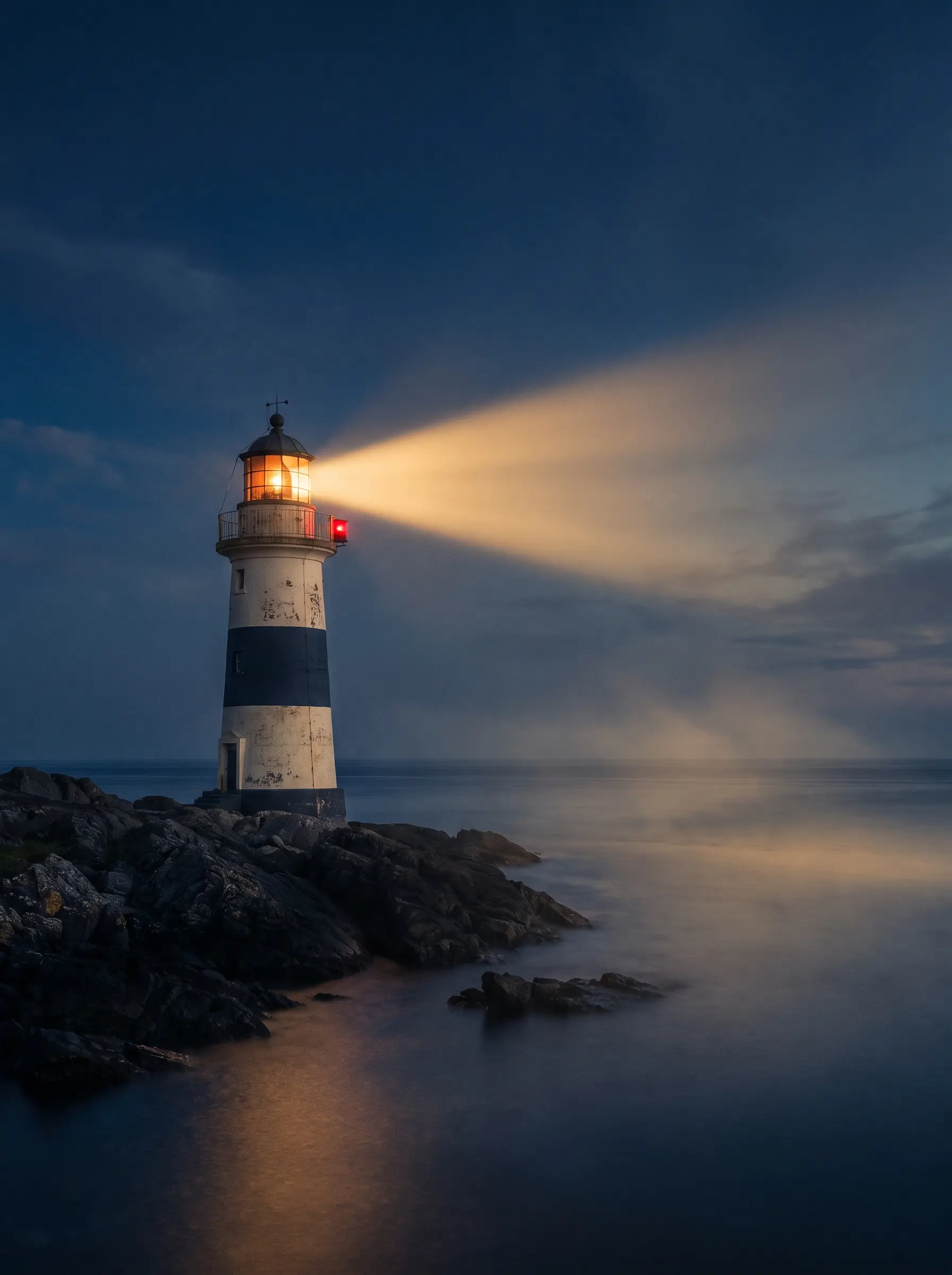 Farol emitindo um feixe de luz sobre o mar ao anoitecer
